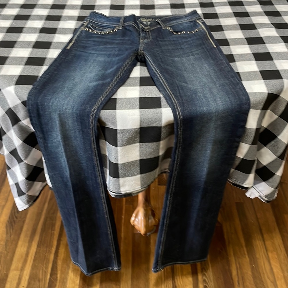 Stetson Hollywood Bootcut Jeans Sz 10 /37 X-Long Tall Studs Thick Stitch Stretch